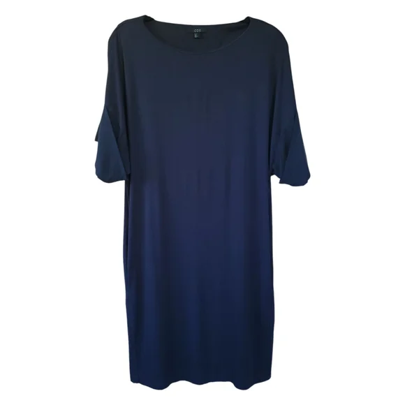 COS Sz S Jersey Knit Tee Shirt Tunic Dress Stretch Silk Drop Sleeve Pockets Blue - Picture 11 of 16